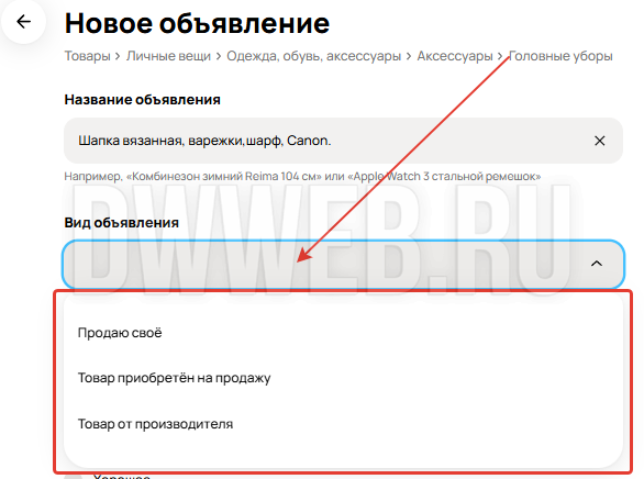 Вид объявления вещи продаваемой на Авито:
