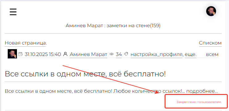 Фото : Результат закрепления страницы на стене.
