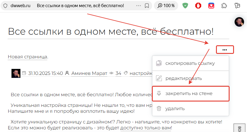 Фото : В момент просмотра страницы можно закрепить страницу.