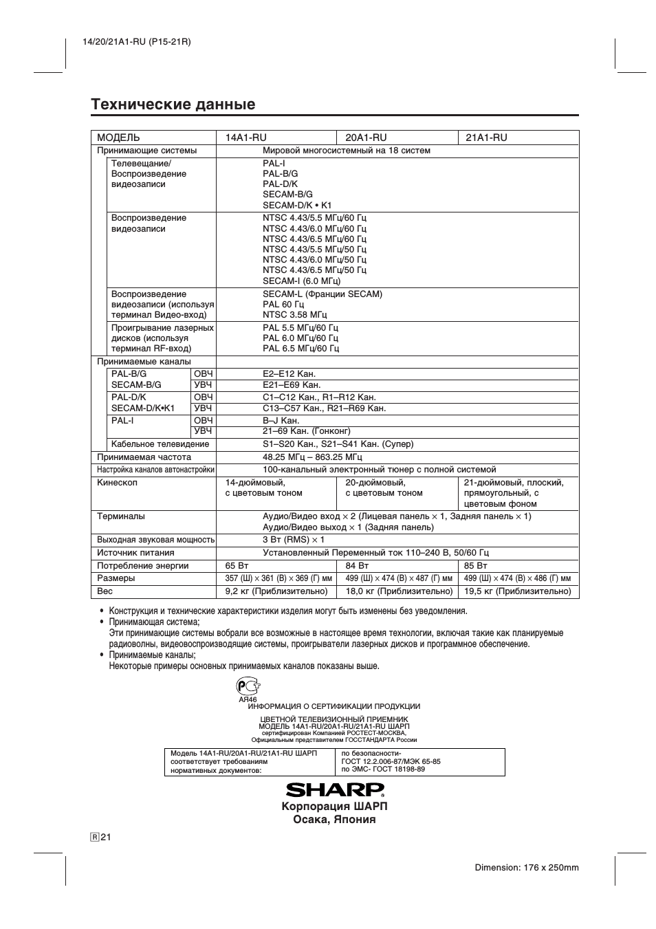 Технические данные Sharp 14b sc. Технические данные Sharp 14b sc.