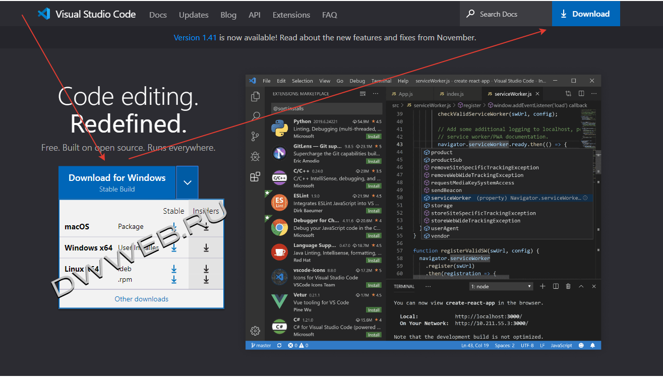 Вид главной страницы сайта бесплатного редактора кода Visual Studio Code