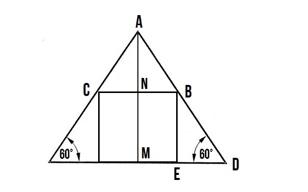 Задача: найти высоту равностороннего если известна сторона вписанного квадрата.