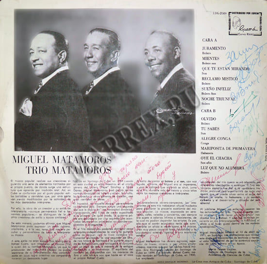 Задняя сторона пластинки : trio Matamoros - ‘Musica tradicional Cubana‘. Задняя сторона пластинки : trio Matamoros - ‘Musica tradicional Cubana‘.