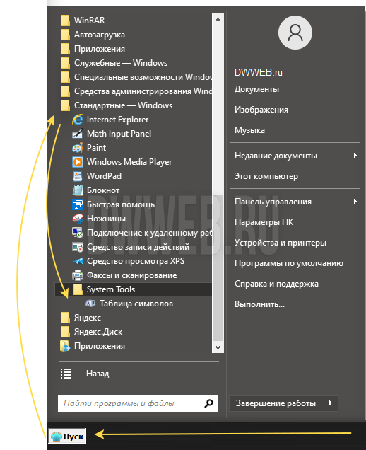 Таблица символов Windows 7, vista, 8