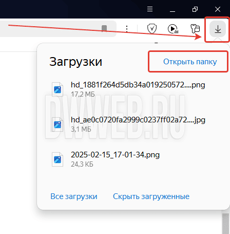 Открываем папку загрузки в Яндекс браузере.